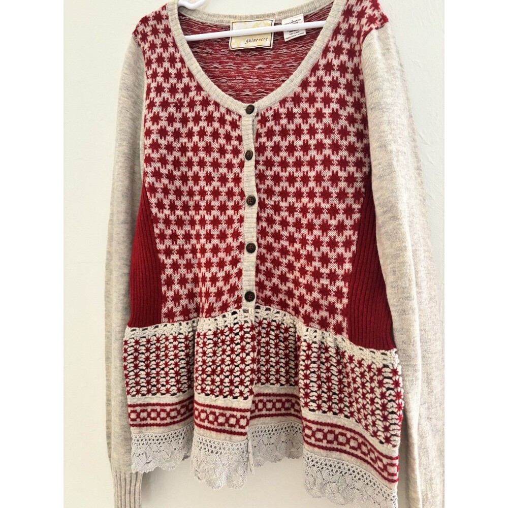 Guinevere 100% Wool Cardigan Sweater Grannycore Cottagecore Sz Med Red Crochet